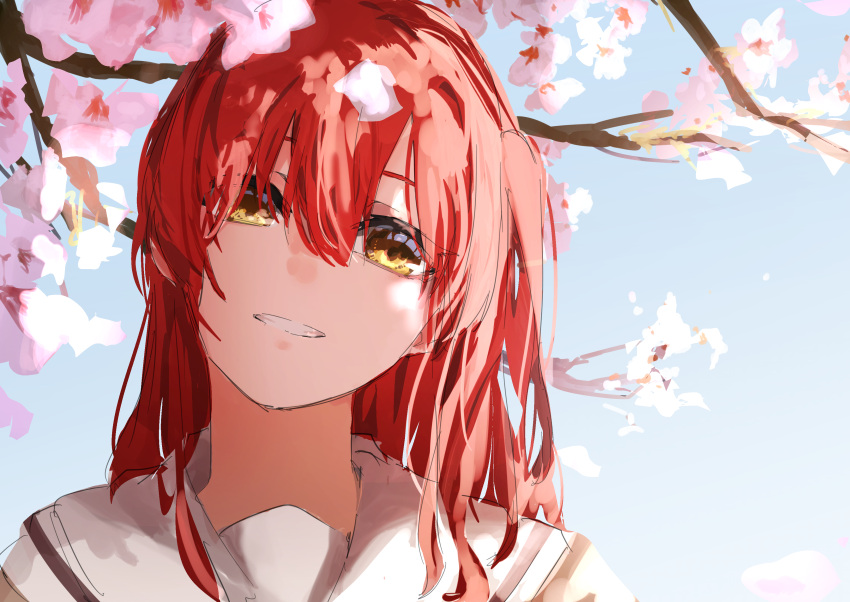 1girl 3_sai absurdres blue_sky bocchi_the_rock! cherry_blossoms highres kita_ikuyo long_hair looking_at_viewer red_hair school_uniform sky smile yellow_eyes