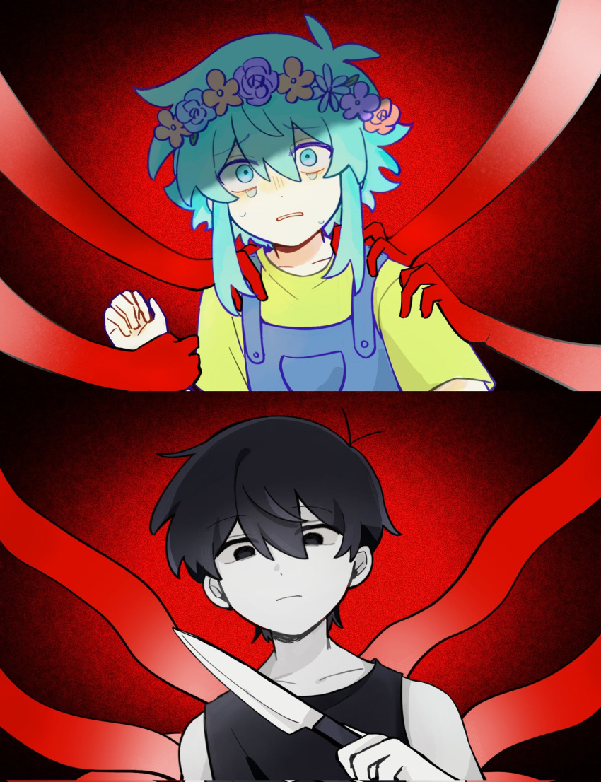 2boys basil_(headspace)_(omori) basil_(omori) black_eyes black_hair black_tank_top blue_overalls closed_mouth collarbone colored_skin crying crying_with_eyes_open expressionless flower gongs0313 green_eyes green_hair green_shirt head_wreath highres multiple_boys omori omori_(omori) overalls parted_lips shirt short_hair short_sleeves spoilers tank_top tears white_skin