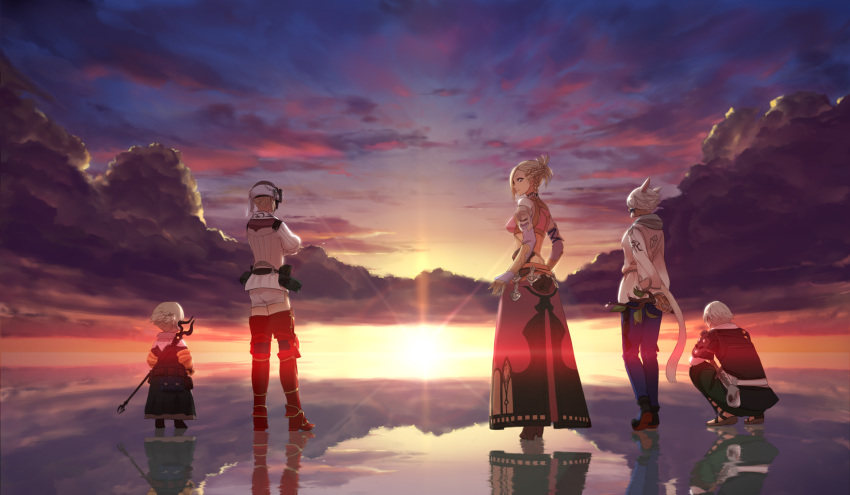 final_fantasy final_fantasy_xiv group male minfilia_warde papalymo_totolymo potion_lilac_(popopotionu) reflection sunset thancred_waters water y'shtola_rhul yda_hext
