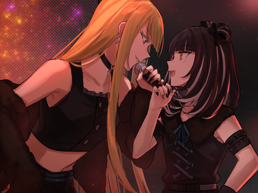 2girls aoki_shizumi armband belt black_hair black_shirt blonde_hair brown_eyes choker commentary d4dj elsie_(d4dj) hair_bun highres holding holding_microphone looking_at_another microphone multicolored_hair multiple_girls neo_(d4dj) off_shoulder open_mouth purple_eyes shirt smile streaked_hair white_hair