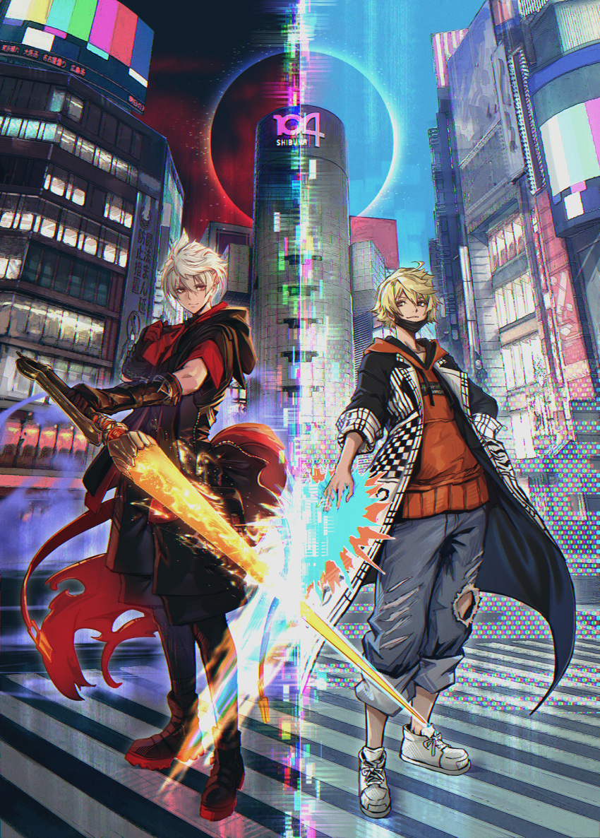 2boys april_fools artist_request blonde_hair building character_request coat crossover denim full_body gloves highres holding holding_weapon jeans multiple_boys official_art pants reynatis road second-party_source shibuya_(tokyo) shibuya_109 shoes sneakers street subarashiki_kono_sekai sword tokyo_(city) weapon white_hair