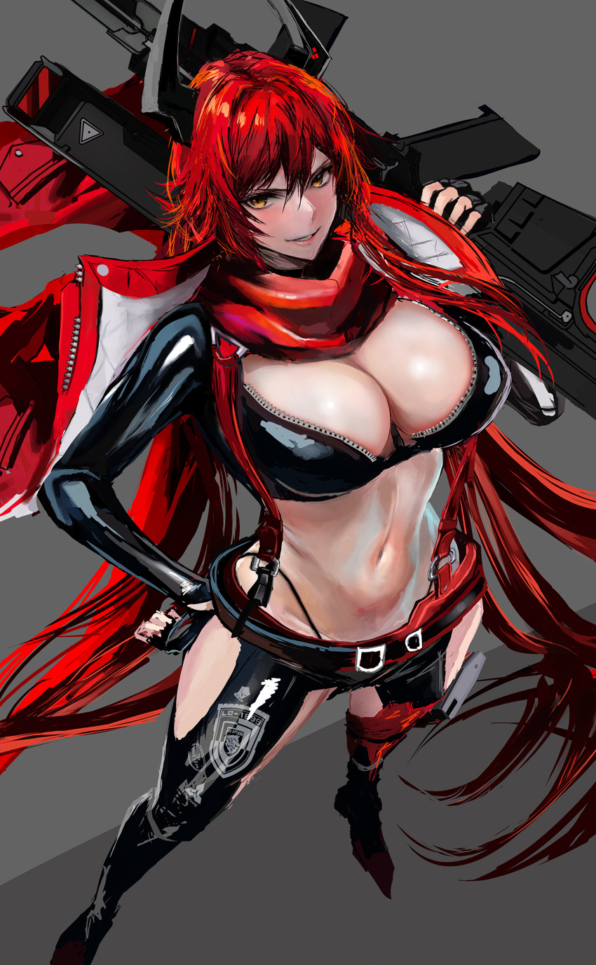 1girl between_breasts black_gloves black_jacket black_pants breasts cleavage commentary_request cropped_jacket fingerless_gloves full_body gloves goddess_of_victory:_nikke grey_background gun hair_between_eyes hand_on_own_hip highres hip_vent holding holding_gun holding_weapon horns jacket jacket_on_shoulders kyel_hyde large_breasts leather leather_jacket leather_pants long_hair long_sleeves looking_at_viewer mechanical_horns navel open_clothes pants parted_lips red_hair red_hood_(nikke) red_jacket red_scarf red_suspenders rifle scarf sidelocks simple_background sniper_rifle solo standing stomach strap_between_breasts suspenders weapon yellow_eyes