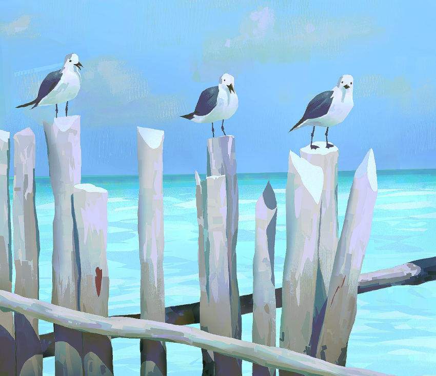 animal_focus animal_request bird blue_sky brush_stroke cloud day fence highres horizon no_humans ocean original outdoors painterly poupee_(capo_sung) sky wood wooden_fence