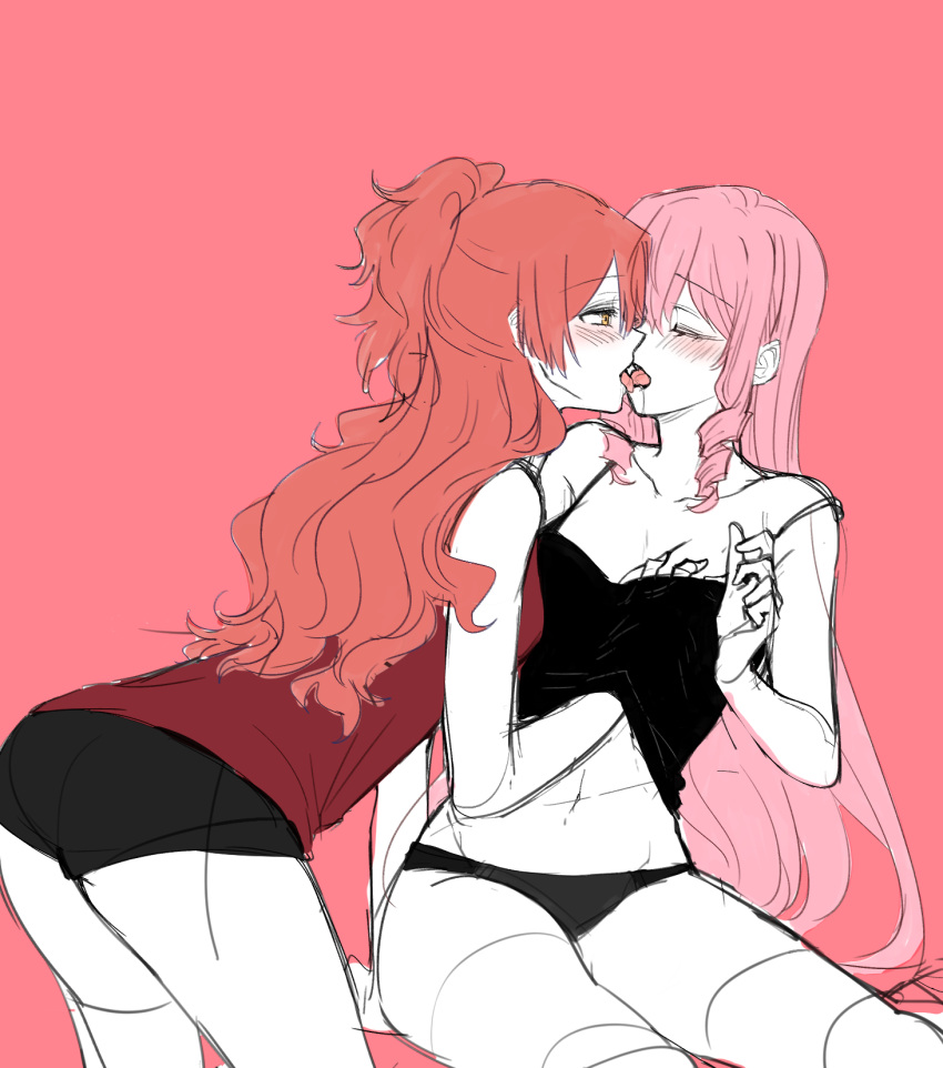 2girls aaaaddddd akuma_no_riddle bare_arms black_camisole black_panties blush breasts camisole cleavage closed_eyes commentary drill_hair french_kiss grabbing grabbing_another's_breast highres inukai_isuke kiss large_breasts long_hair looking_at_another multiple_girls panties pink_background red_hair red_shirt sagae_haruki saliva shirt simple_background sitting tongue tongue_out underwear yellow_eyes yuri