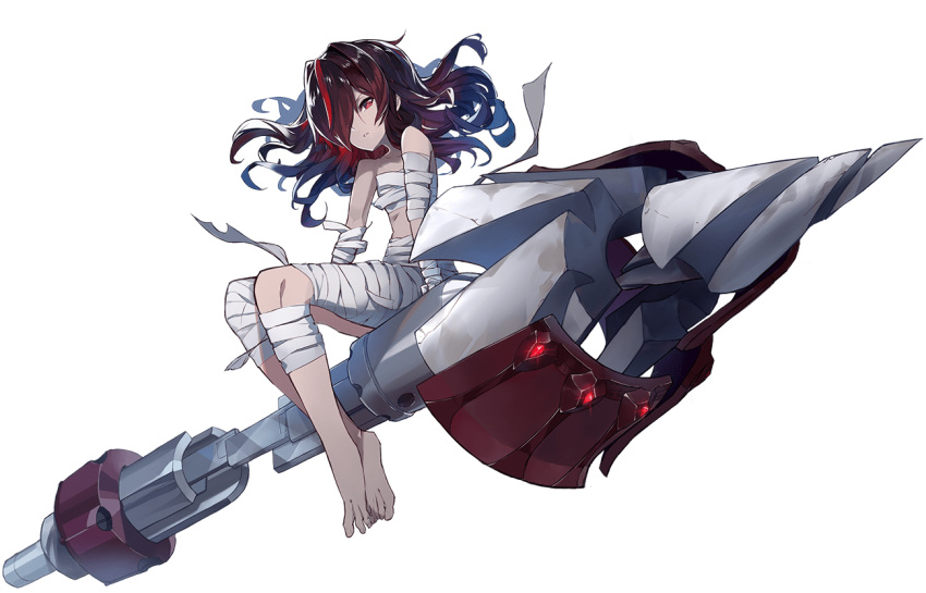 1girl ares_(ark_order) ark_order bandages bare_shoulders black_hair colored_skin expressionless facial_mark forehead forehead_mark full_body grey_skin hair_over_one_eye kzhu long_hair looking_at_viewer multicolored_hair official_art parted_lips red_eyes riding sidelocks sitting skinny solo streaked_hair tachi-e teeth transparent_background