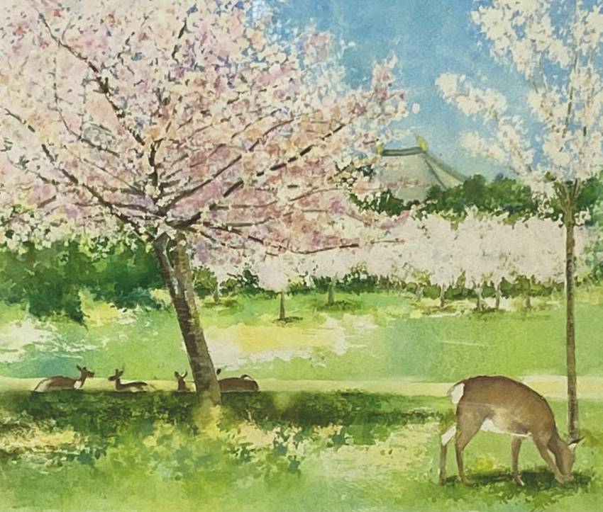 animal blue_sky cherry_blossoms day deer grass highres no_humans original painting_(medium) realistic scenery shadow sky sunlight traditional_media tree watercolor_(medium) yu_grassbird