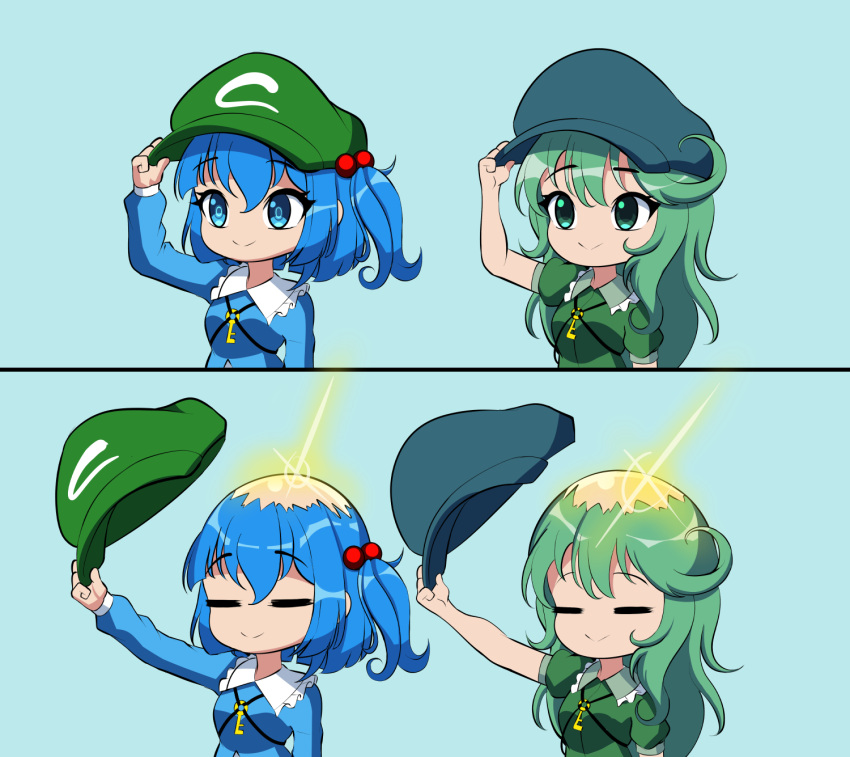 2girls bald_spot blue_background blue_eyes blue_hair bmkro closed_mouth commentary english_commentary flat_cap green_eyes green_hair hair_bobbles hair_ornament hat highres kawashiro_nitori key long_hair long_sleeves multiple_girls short_sleeves simple_background smile touhou two_side_up upper_body yamashiro_takane