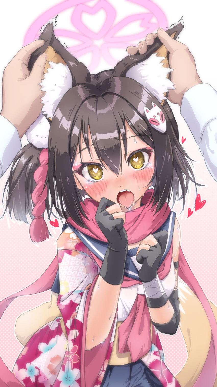 1girl 1other absurdres animal_ear_fluff animal_ears black_gloves black_hair black_sailor_collar black_skirt blue_archive blush eyeshadow fox_ears fox_tail gloves hair_between_eyes halo highres izuna_(blue_archive) makeup neckerchief one_side_up open_mouth partially_fingerless_gloves pink_eyeshadow pink_halo pink_neckerchief pink_scarf pleated_skirt sailor_collar scarf short_hair skirt solo_focus tail tears tomonx tongue tongue_out yellow_eyes