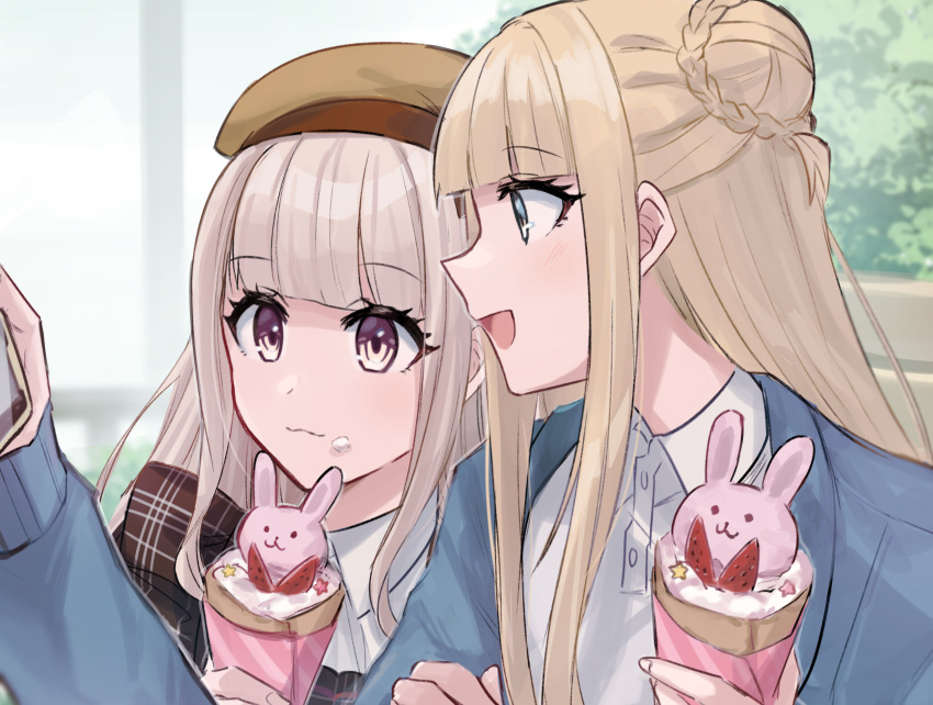 2girls aoki_shizumi blonde_hair blue_eyes blue_jacket brown_hair character_request closed_mouth collared_shirt commentary crepe d4dj day food food_on_face fukushima_noa grey_eyes hair_bun hand_on_another's_arm highres holding holding_food holding_phone jacket light_brown_hair long_hair multiple_girls open_mouth outdoors phone shirt smile white_shirt