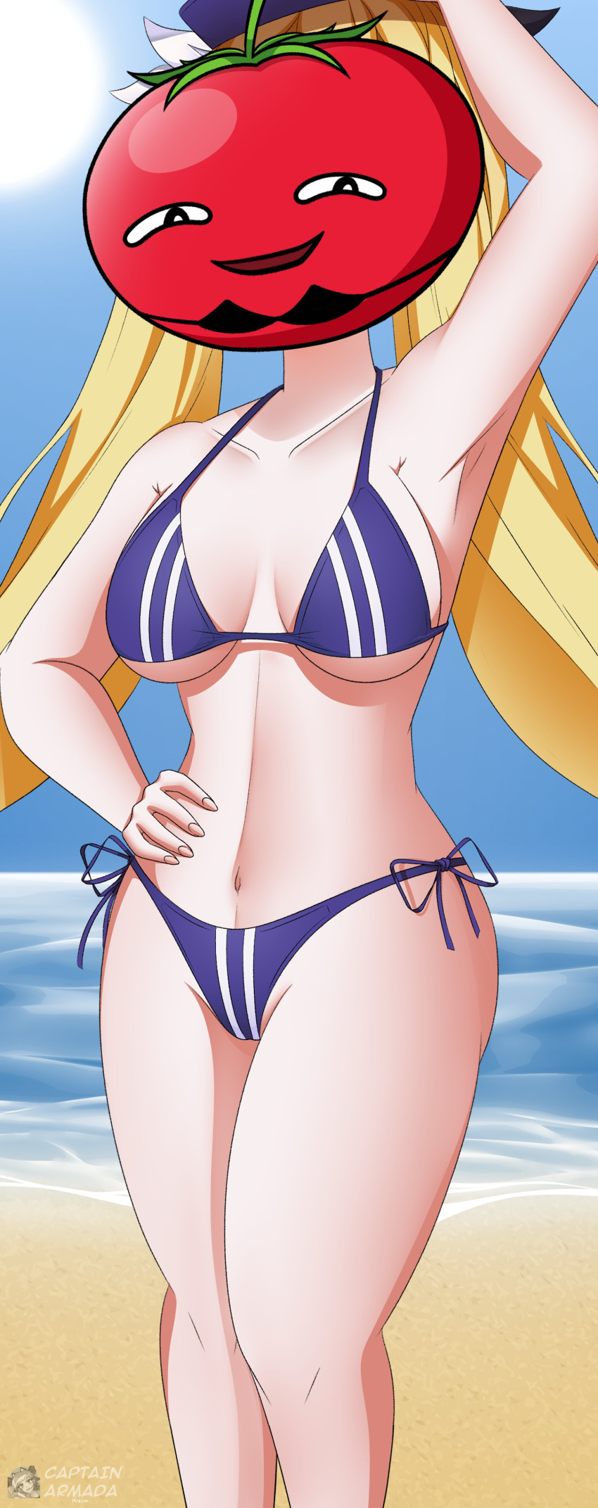 1girl absurdres artist_name beach bikini blonde_hair blue_bikini blue_hat breasts captainarmada day dokibird_(vtuber) dokibird_(vtuber)_(tomato) feet_out_of_frame hand_on_own_hip highres horizon indie_virtual_youtuber large_breasts long_hair navel ocean outdoors sand side-tie_bikini_bottom sky solo swimsuit tomato twintails virtual_youtuber