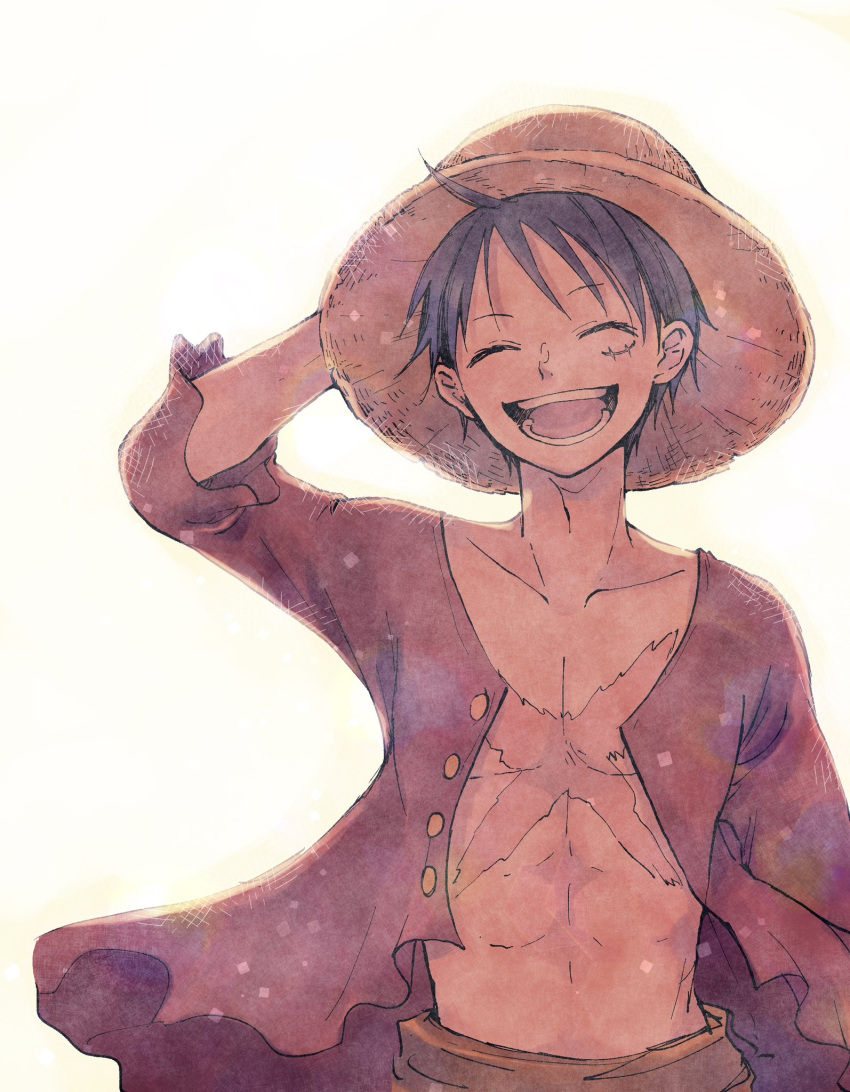 1boy ^_^ black_hair buttons closed_eyes commentary_request cowboy_shot frilled_sleeves frills hand_on_headwear hat highres male_focus monkey_d._luffy nekochanko1 one_piece open_clothes open_shirt red_shirt scar scar_on_chest scar_on_face shirt short_hair simple_background solo straw_hat white_background