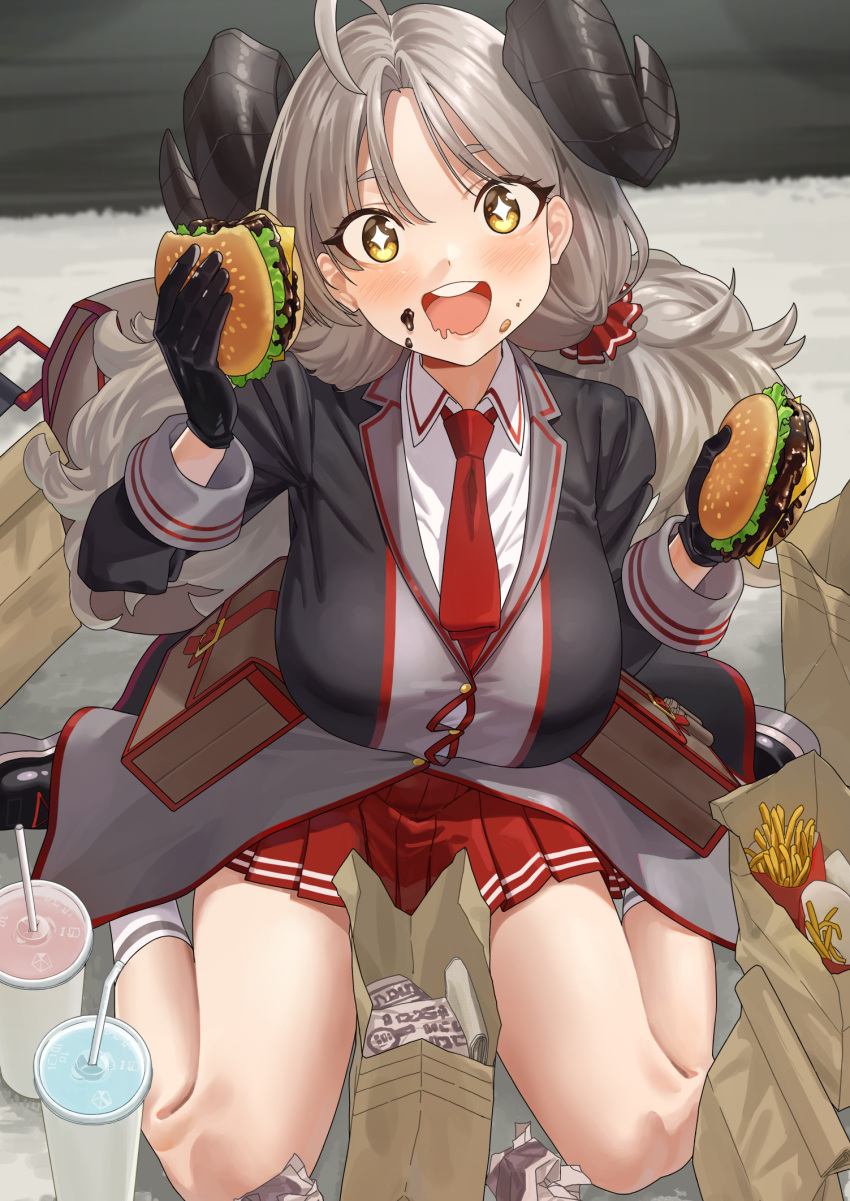 +_+ 1girl ahoge black_horns blue_archive blush breasts burger demon_horns food french_fries grey_hair hair_ornament highres holding horns izumi_(blue_archive) large_breasts long_hair looking_at_viewer mcshake open_mouth sitting smile solo twintails uniform wariza yellow_eyes yukiman1056