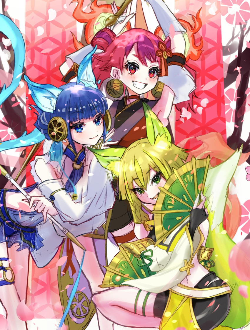 3girls animal_ears arm_up bare_shoulders bike_shorts blue_eyes blue_hair breasts bridal_gauntlets cat_ears crop_top crossed_arms detached_sleeves duel_monster fox_ears fox_girl fox_tail green_eyes green_hair ha-re_the_sword_mikanko hair_between_eyes hand_fan highres holding holding_baton holding_fan hu-li_the_jewel_mikanko kneeling long_hair long_sleeves medium_breasts midriff multicolored_hair multiple_girls navel ni-ni_the_mirror_mikanko noppe red_eyes red_hair short_hair short_hair_with_long_locks skirt smile streaked_hair tail twintails wide_sleeves yu-gi-oh!