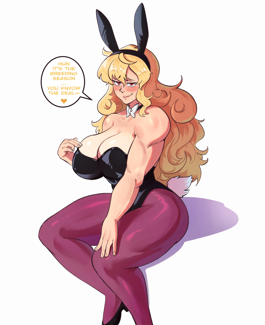 1girl absurdres animal_ears bare_shoulders black_choker black_footwear black_leotard blonde_hair blush bow bowtie breasts choker cleavage commentary easter english_commentary english_text fake_animal_ears fake_tail fingernails full_body hentaly high_heels highres huge_breasts leotard long_hair looking_at_viewer muscular muscular_female pantyhose playboy_bunny pumps purple_pantyhose rabbit_ears rabbit_tail red_eyes rwby shy sitting solo speech_bubble strapless strapless_leotard tail tan tanlines thick_thighs thighs white_bow white_bowtie yang_xiao_long