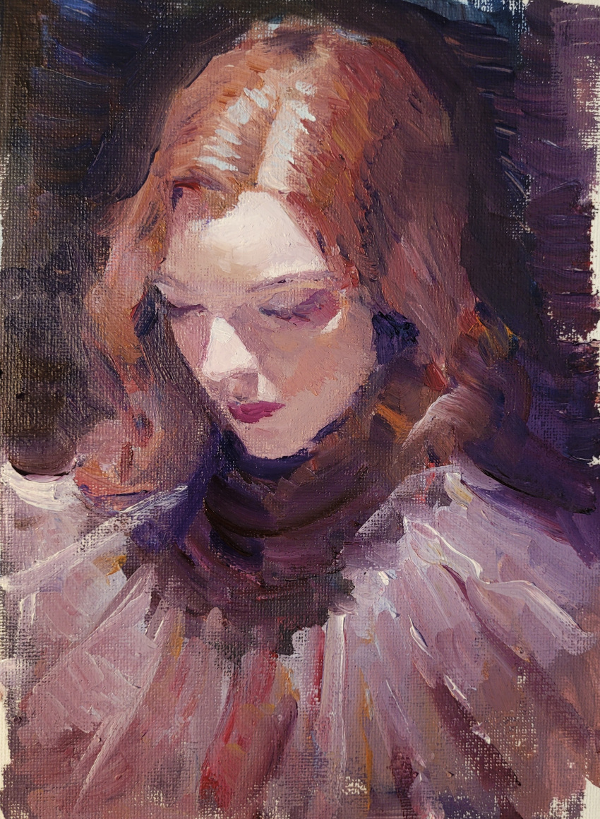 1girl abstract_background absurdres chiaroscuro closed_mouth dress faux_traditional_media forehead highres lipstick long_hair looking_down makeup oil_painting_(medium) original painting_(medium) portrait red_hair red_lips solo traditional_media turtleneck upper_body yuming_li