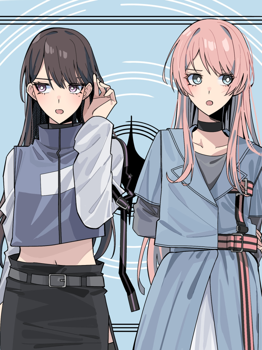 2girls averting_eyes bang_dream! bang_dream!_it's_mygo!!!!! belt belt_buckle black_choker black_hair black_skirt blue_jacket blue_skirt buckle chihaya_anon choker commentary_request crop_top grey_belt grey_eyes grey_shirt highres jacket long_hair long_sleeves midriff mole mole_under_eye multiple_girls nanami_(nunnun_0410) navel open_mouth pink_belt pink_hair purple_eyes shiina_taki shirt skirt tucking_hair