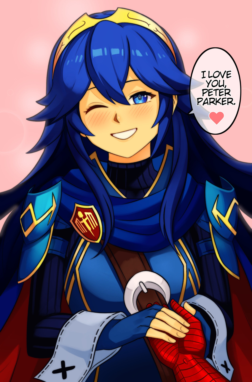 1boy 1girl absurdres blue_eyes blue_gloves blue_hair disembodied_limb english_text fingerless_gloves fire_emblem gloves grin heart highres long_sleeves looking_at_viewer lucina_(fire_emblem) marvel one_eye_closed parted_lips smgold smile speech_bubble spider-man spider-man_(series) spoken_heart teeth