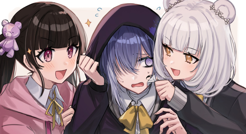 3girls @_@ animal_ears aoki_shizumi bear_ears bow bowtie brown_eyes brown_hair collared_shirt commentary_request d4dj elsie_(d4dj) flying_sweatdrops hair_bun highres hood hood_up hoodie kaibara_michiru long_sleeves multiple_girls neck_ribbon open_mouth pink_eyes pink_hoodie purple_eyes purple_hair ribbon shirt simple_background smile sophia_(d4dj) sparkle teddy_bear_hair_ornament twintails upper_body white_background white_hair white_shirt yellow_bow yellow_bowtie yellow_ribbon