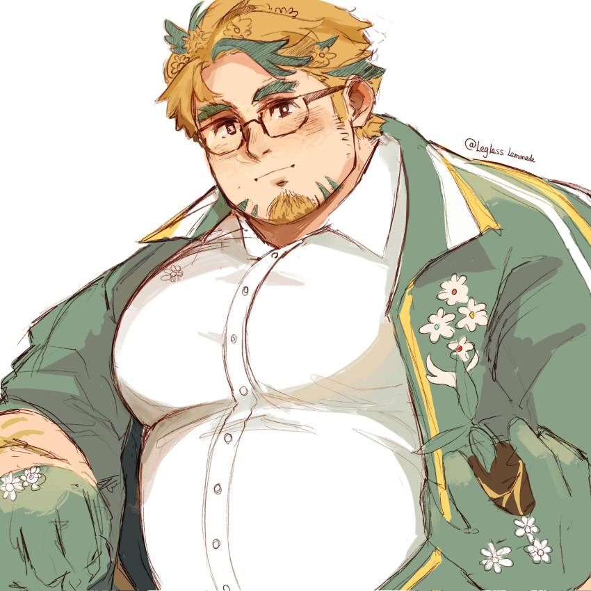 1boy bara blonde_hair brown_eyes closed_mouth collared_shirt commentary facial_hair flower forked_eyebrows glasses gloves goatee green_gloves green_hair hair_flower hair_ornament highres hippolytus_(housamo) jacket large_pectorals legless_lemonade male_focus multicolored_hair muscular muscular_male open_clothes open_jacket pectorals shirt short_hair sideburns simple_background solo thick_eyebrows tokyo_afterschool_summoners twitter_username two-tone_hair upper_body white_background white_shirt