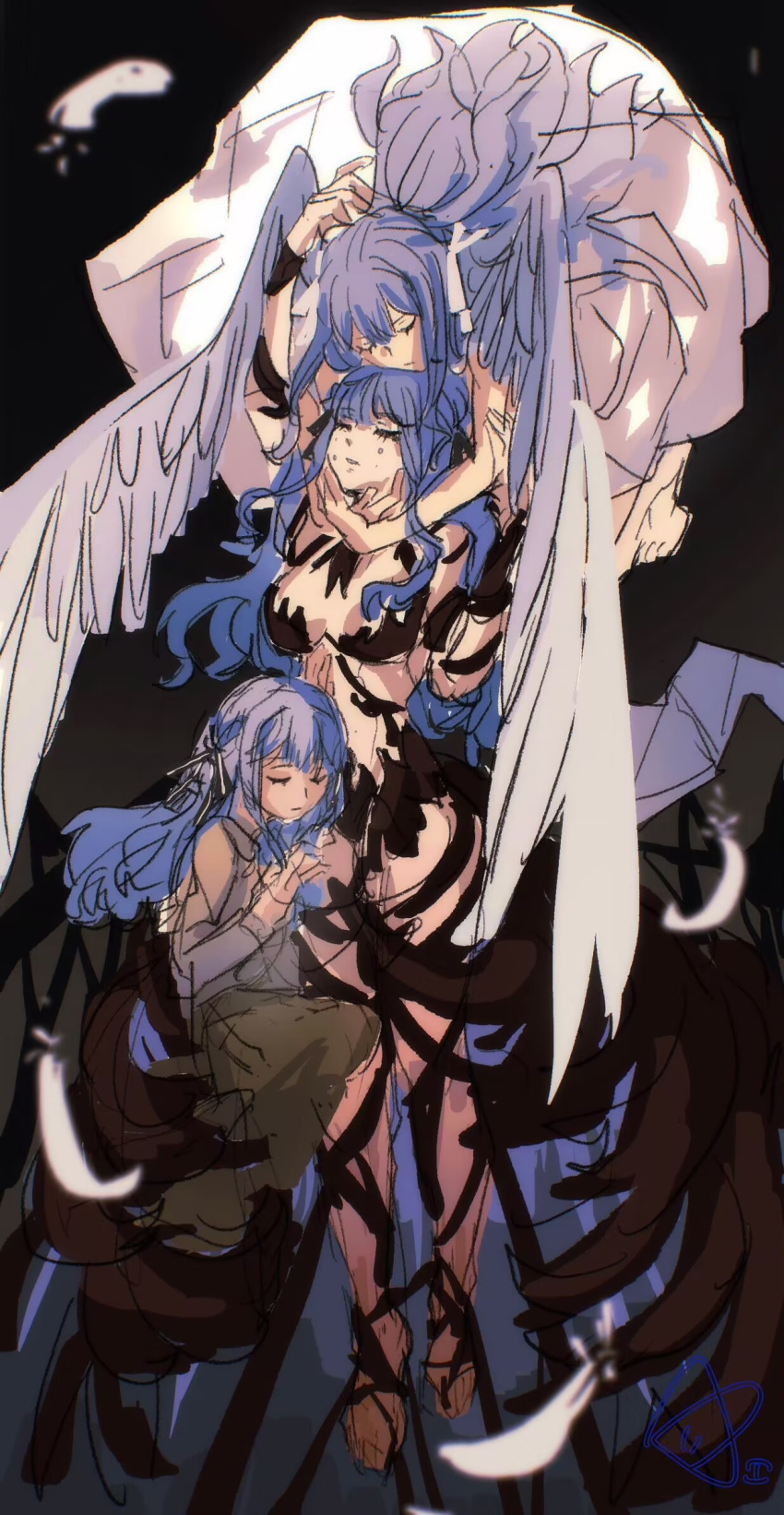3girls angel_wings arms_around_neck bang_dream! bang_dream!_it's_mygo!!!!! barefoot black_background black_ribbon blue_hair brown_skirt clone closed_eyes closed_mouth commentary demon_wings dress falling_feathers feathers grey_shirt hair_ribbon highres kita_no_shinya long_hair long_sleeves midair multiple_girls parted_lips revealing_clothes ribbon shirt simple_background skirt tears togawa_sakiko two_side_up white_dress white_ribbon wings