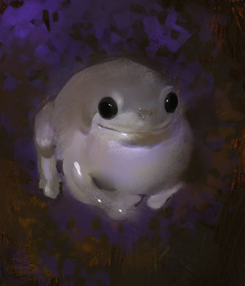 abstract_background black_eyes closed_mouth creature faux_traditional_media frog full_body highres looking_at_viewer no_humans painterly purple_background purple_theme smile solo yuming_li