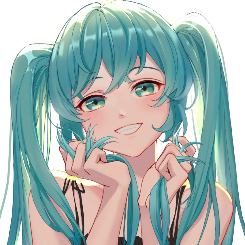 1girl bare_arms bare_shoulders black_dress blue_eyes blue_hair close-up commentary dress face grin hand_in_hair happy hatsune_miku head_tilt highres long_hair looking_at_viewer simple_background sleeveless sleeveless_dress smile solo teeth twintails upper_body very_long_hair vocaloid white_background