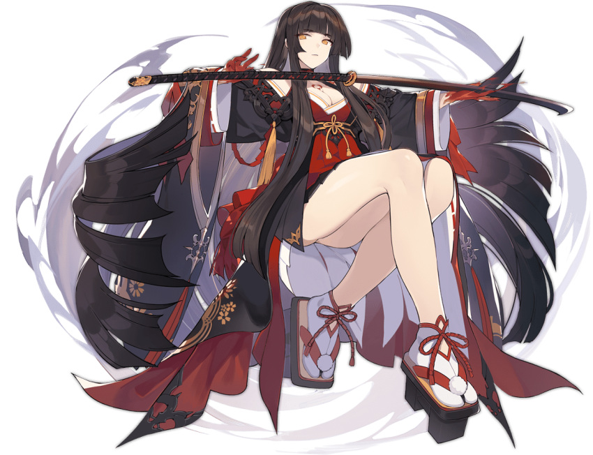 1girl absurdly_long_hair ark_order artist_request bare_shoulders black_footwear black_hair black_kimono blood blood_on_hands blunt_bangs breasts expressionless facial_mark floating floating_object floating_weapon full_body geta hair_ribbon hime_cut izanagi_no_mikoto_(ark_order) japanese_clothes katana kimono large_breasts leg_ribbon long_hair long_sleeves looking_at_viewer official_art pom_pom_(clothes) red_kimono red_ribbon ribbon sidelocks sitting socks solo sword tabi tachi-e thigh_ribbon transparent_background very_long_hair weapon white_socks wide_sleeves yellow_eyes