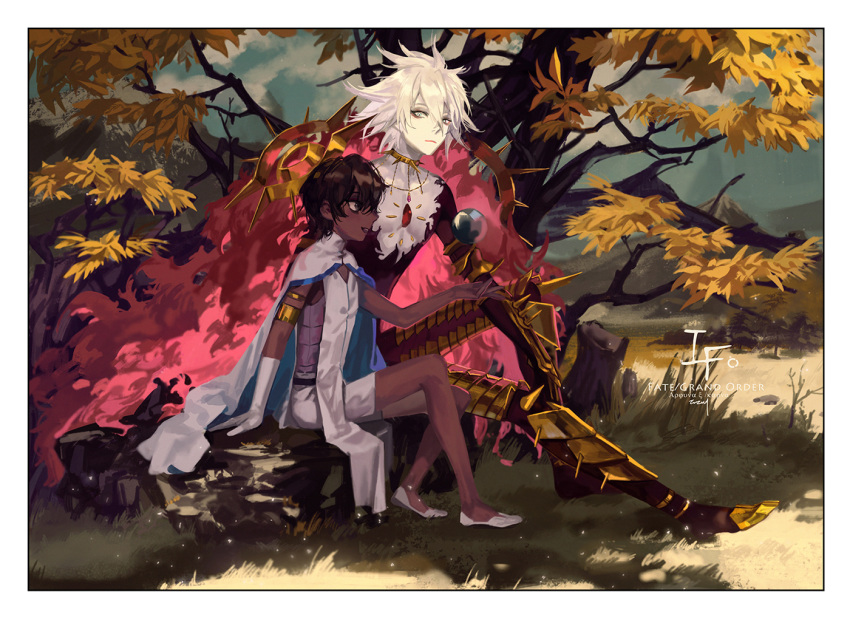 2boys arjuna_(fate) armor bishounen black_eyes black_hair blue_eyes brothers cape chest_jewel child cloud cloudy_sky collar colored_skin commentary dark-skinned_male dark_skin dith_ytk fate/grand_order fate_(series) from_side full_body gloves grass hair_between_eyes half-brothers indian_clothes karna_(fate) knee_up looking_at_viewer male_focus multiple_boys outdoors pale_skin pectorals profile short_hair siblings signature sitting size_difference sky spiked_collar spikes tree white_cape white_gloves white_hair white_skin