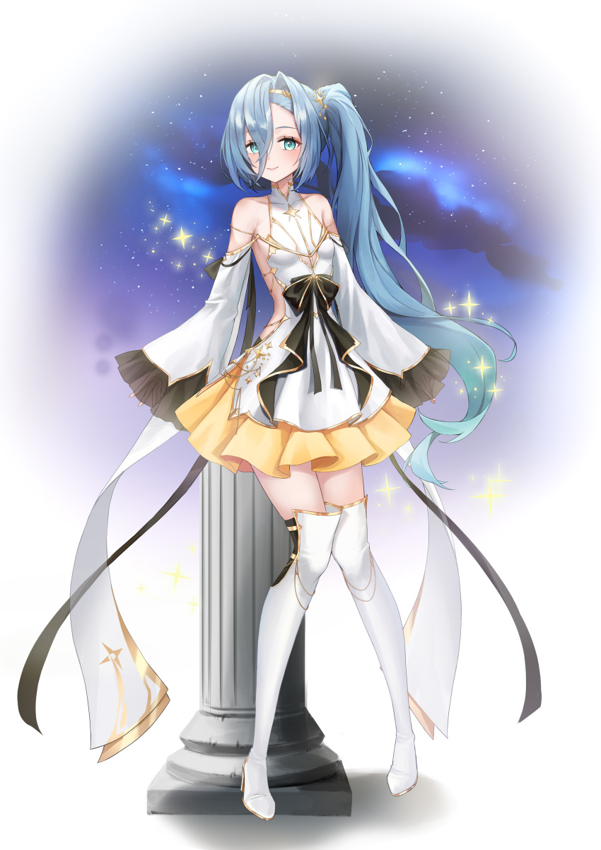 1girl 37_(reverse:1999) absurdres aqua_eyes bare_shoulders black_bow black_thighhighs blue_hair boots bow breasts caba_(caba091) closed_mouth detached_sleeves dress full_body gold_trim hair_between_eyes high_heel_boots high_heels highres long_hair long_sleeves looking_at_viewer pleated_skirt reverse:1999 see-through see-through_sleeves side_ponytail sideless_outfit skirt sleeves_past_fingers sleeves_past_wrists small_breasts smile solo thigh_boots thighhighs thighs very_long_hair white_dress white_footwear white_thighhighs yellow_skirt zettai_ryouiki