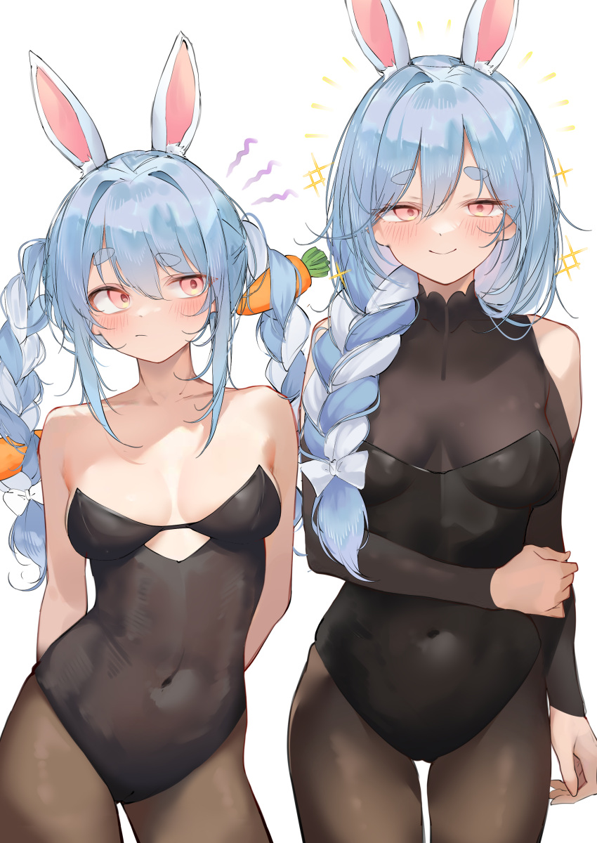 2girls absurdres animal_ears bare_shoulders black_leotard blue_hair bodystocking braid breasts collarbone covered_navel highres hololive leotard looking_at_viewer medium_breasts mother_and_daughter multicolored_hair multiple_girls pantyhose pekomama pepq playboy_bunny rabbit_ears rabbit_girl red_eyes short_eyebrows single_braid smile thick_eyebrows twin_braids usada_pekora virtual_youtuber white_hair