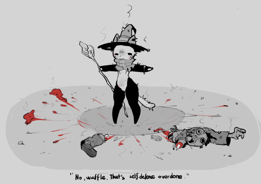 anthro blood bodily_fluids bone clothing corpse death domestic_cat dot_eyes duo english_text felid feline felis gore hat headgear headwear hi_res holding_object holding_staff humanoid male mammal mr._waffle nude outstretched_arms staff standing tail text tobydoge wide_hips witch_hat