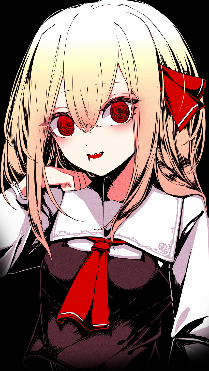 1girl absurdres ascot black_background black_vest blonde_hair blood blood_from_mouth collared_shirt hair_ribbon hand_up highres looking_at_viewer medium_hair open_mouth print_collar red_ascot red_eyes red_ribbon ribbon ringed_eyes rumia sharp_teeth shi_to_na shirt simple_background teeth touhou upper_body upper_teeth_only vest white_shirt