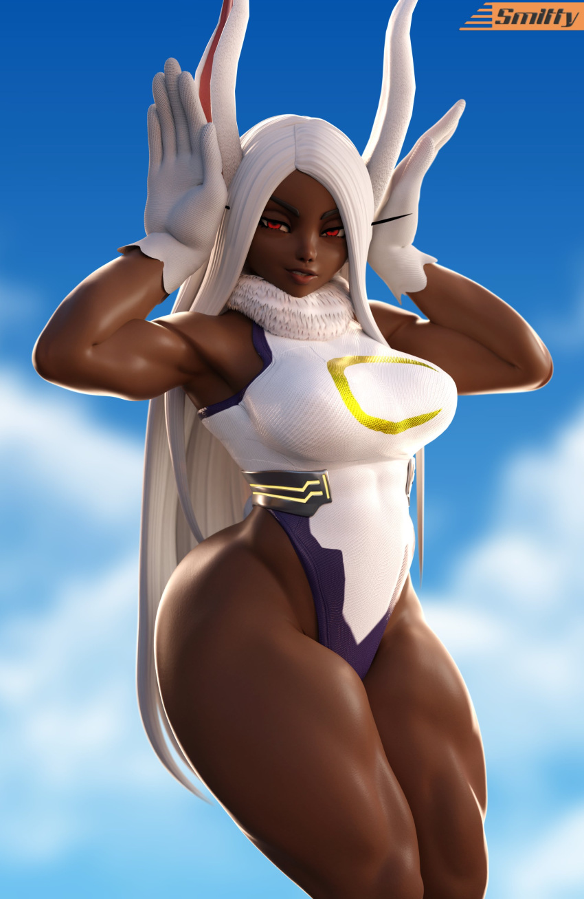 3d_(artwork) absurd_res animal_humanoid big_breasts big_butt breasts butt clothing dark_body dark_skin digital_media_(artwork) female hair hi_res humanoid lagomorph lagomorph_humanoid leotard leporid_humanoid long_ears mammal mammal_humanoid muscular muscular_female muscular_humanoid my_hero_academia rabbit_humanoid red_eyes rumi_usagiyama smitty34 solo thick_thighs white_hair wide_hips