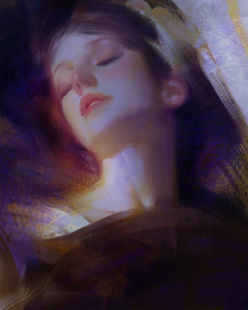 1girl black_hair brown_hair chiaroscuro closed_eyes faux_traditional_media head_back highres lips long_hair lying nose on_back original painterly parted_lips portrait realistic short_hair sleeping solo teeth upper_body yuming_li