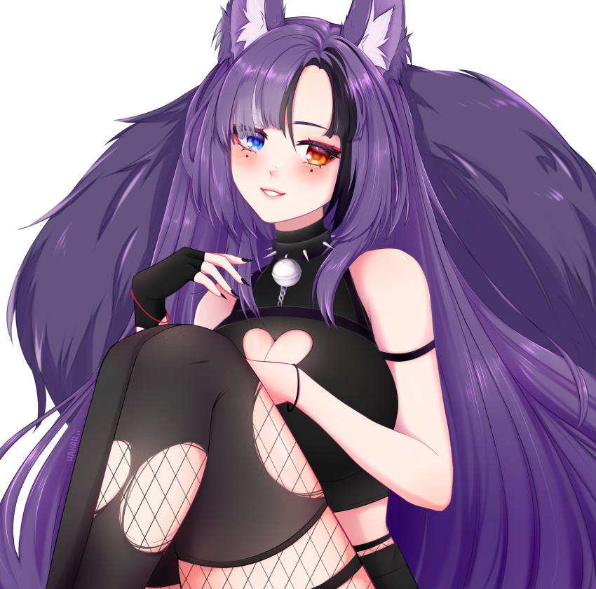 1girl absurdres animal_ear_fluff animal_ears awful_queen_(vtuber) bad_source black_nails breasts clothing_cutout fox_ears fox_girl fox_tail haharii heart_cutout heterochromia highres indie_virtual_youtuber looking_at_viewer monster_girl purple_hair solo tail virtual_youtuber white_background