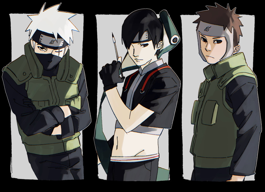 3boys black_background black_gloves black_hair brown_hair cowboy_shot crop_top expressionless fingerless_gloves forehead_protector gloves hatake_kakashi headband highres holding holding_scroll looking_at_viewer male_focus mask midriff mouth_mask multiple_boys naruto_(series) naruto_shippuuden navel one_eye_closed pnpk_1013 sai_(naruto) scar scar_across_eye scroll white_hair yamato_(naruto)