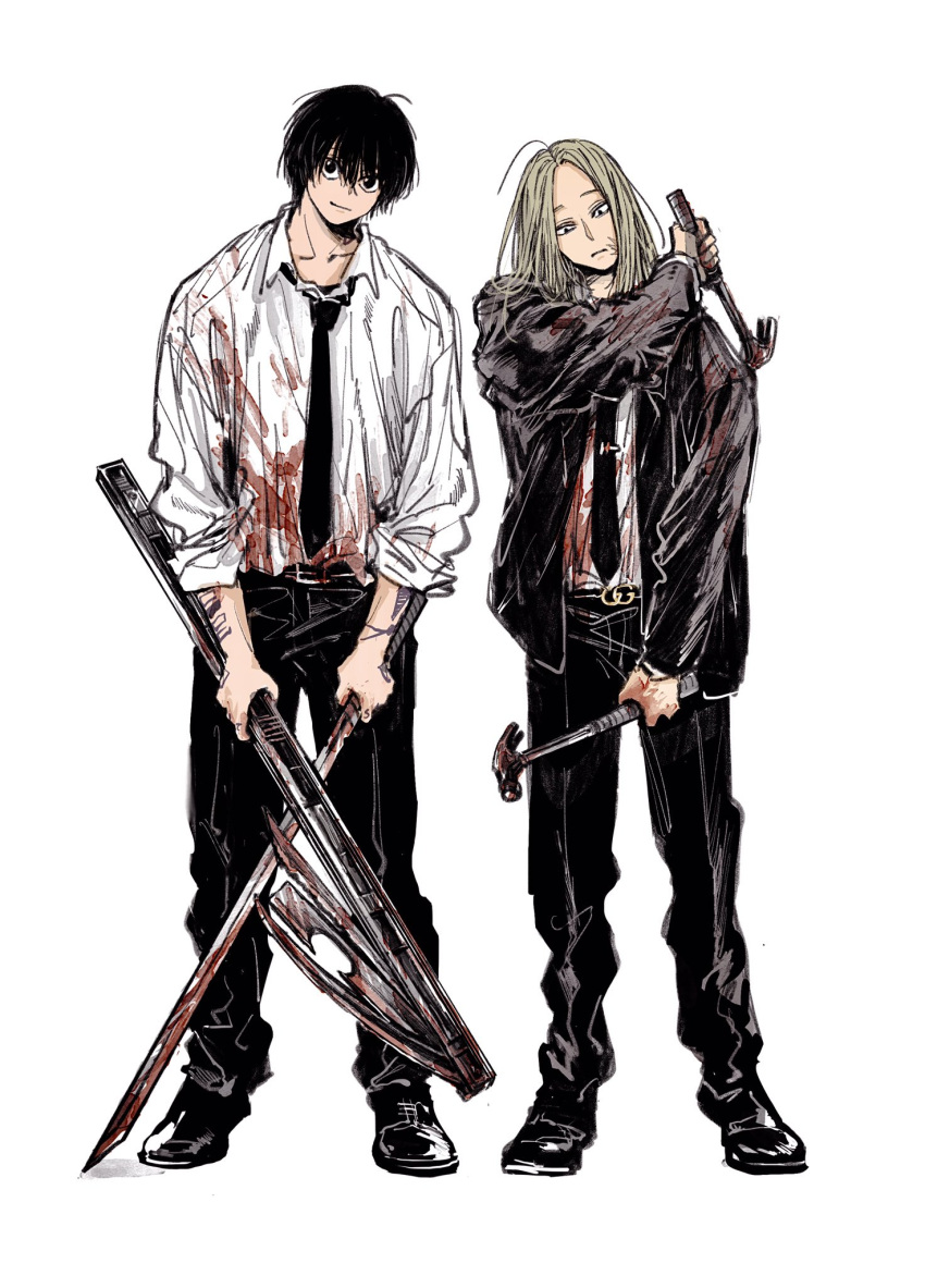 2boys arm_tattoo arm_up belt black_belt black_eyes black_footwear black_hair black_jacket black_necktie black_pants blonde_hair blood blood_on_clothes closed_mouth collared_shirt dual_wielding full_body hammer highres holding holding_hammer holding_sword holding_weapon jacket long_hair long_sleeves looking_at_viewer male_focus multiple_boys nagumo_(sakamoto_days) necktie neuchimonai pants sakamoto_days scar scar_on_face shirt shishiba_(sakamoto_days) shoes short_hair simple_background sleeves_rolled_up smile standing sword tattoo weapon white_background white_shirt