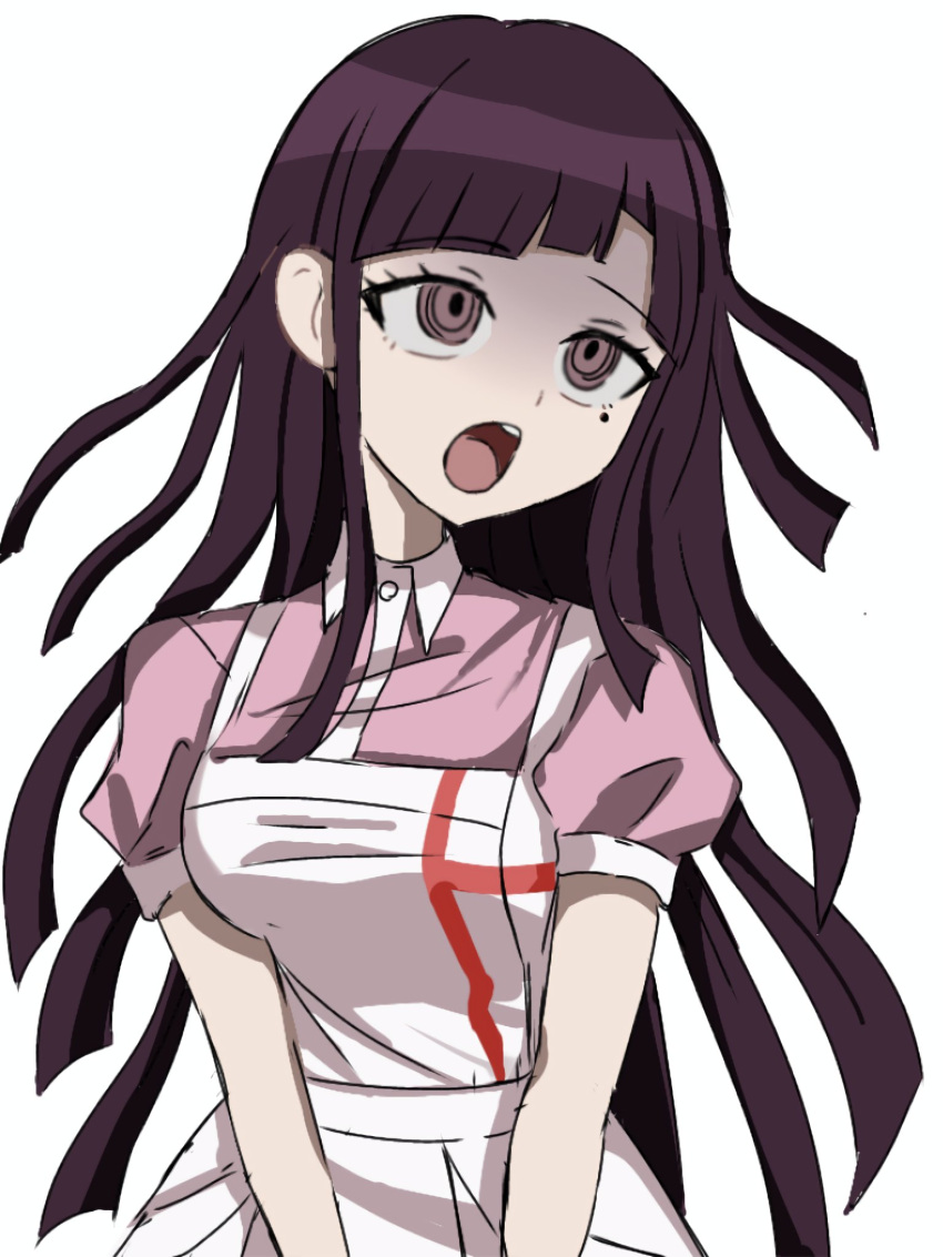 1girl :o apron bao_tai black_hair brown_eyes collared_shirt danganronpa_(series) danganronpa_2:_goodbye_despair highres long_hair looking_to_the_side mole mole_under_eye pink_shirt puffy_short_sleeves puffy_sleeves shirt short_sleeves simple_background solo teeth tongue tsumiki_mikan two-tone_shirt upper_body upper_teeth_only white_apron white_background