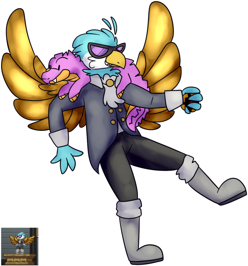 2016 alpha_channel ambiguous_gender anthro avian avian_(starbound) beak black_bottomwear black_clothing black_pants blue_body blue_feathers boots bottomwear button_(fastener) clothed clothing crocodile crocodilian crocodylid digital_drawing_(artwork) digital_media_(artwork) domestic_pet dot_eyes duo eyewear fangs feathered_wings feathers feral footwear full-length_portrait fully_clothed grey_boots grey_clothing grey_footwear grey_topwear holding_object jaspering male on_another's_shoulders on_one_leg pants pink_body pink_scales plantigrade portrait reference_image reptile scales scalie shaded simple_background snout soft_shading standing starbound sunglasses tail teeth topwear transparent_background white_body white_feathers wings yellow_beak yellow_body yellow_feathers yellow_scales