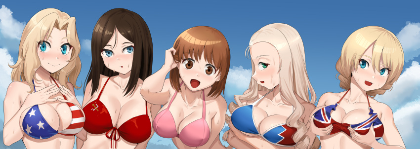 5girls absurdres american_flag_bikini bikini black_hair blonde_hair blue_bikini blue_eyes blue_sky braid breast_hold breasts brown_eyes brown_hair closed_mouth cloud cloudy_sky commentary commission darjeeling_(girls_und_panzer) day drill_hair emblem english_commentary flag_print front-tie_bikini_top front-tie_top girls_und_panzer grabbing_own_breast green_eyes hair_intakes halterneck hand_in_own_hair hands_on_own_chest highres kay_(girls_und_panzer) long_hair looking_at_viewer marie_(girls_und_panzer) medium_hair multiple_girls nico-mo nishizumi_miho nonna_(girls_und_panzer) open_mouth outdoors parted_lips pink_bikini pravda_(emblem) red_bikini short_hair side-by-side sky smile sweat swimsuit twin_braids union_jack_bikini