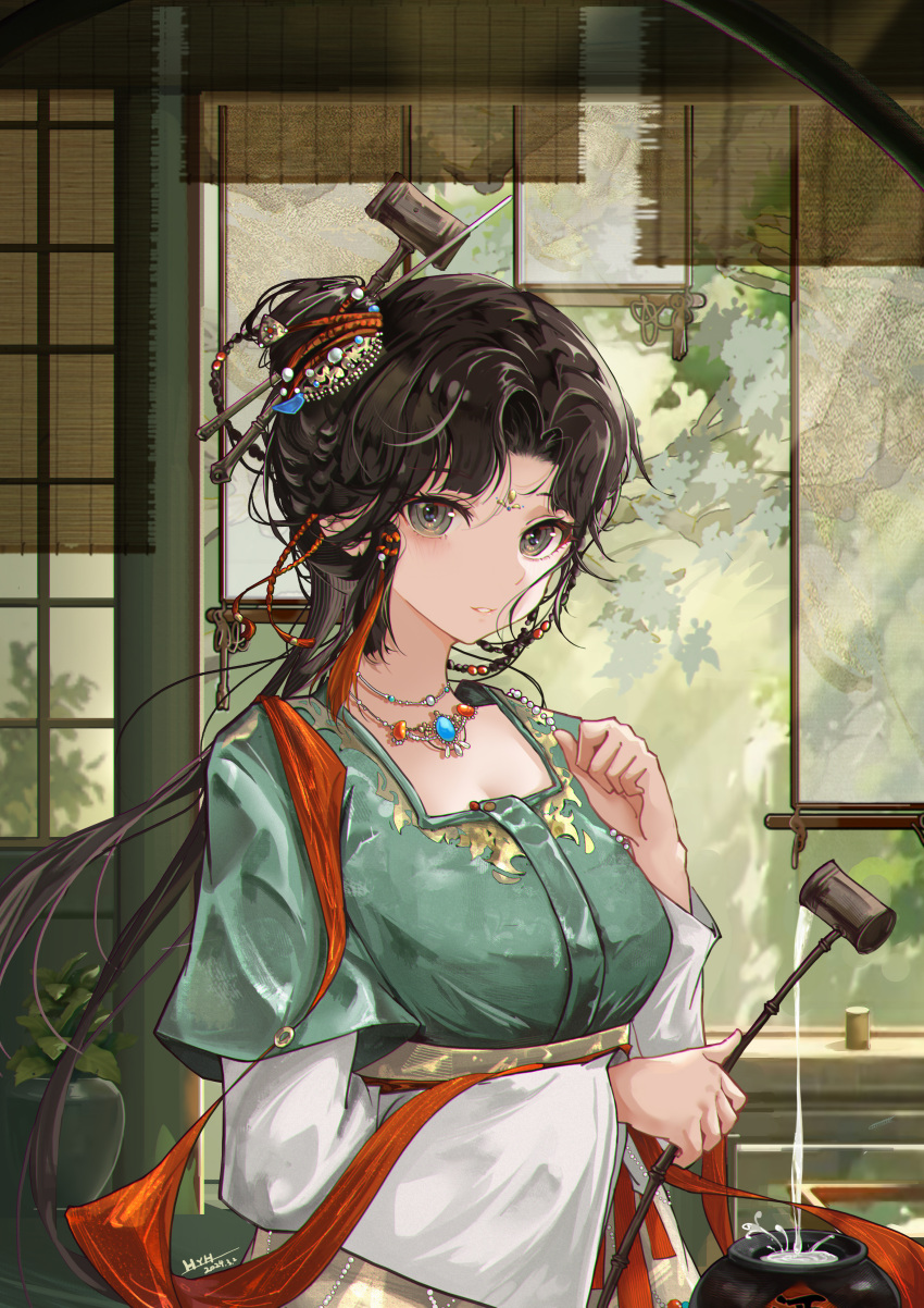 1girl absurdres alcohol architecture black_eyes black_hair breasts chinese_clothes chinese_hairpin day dipper east_asian_architecture facial_mark forehead_mark forest green_shirt hair_bun hair_ornament hands_up hanfu highres holding holding_spoon indoors jewelry jiu_niangzi jug_(bottle) layered_sleeves liquor long_hair long_sleeves looking_at_viewer nature necklace parted_lips pouring red_shawl reverse:1999 shawl shirt short_over_long_sleeves short_sleeves shuidao_hanyue single_side_bun skirt solo spoon tassel tassel_hair_ornament tree upper_body vase white_sleeves yellow_skirt