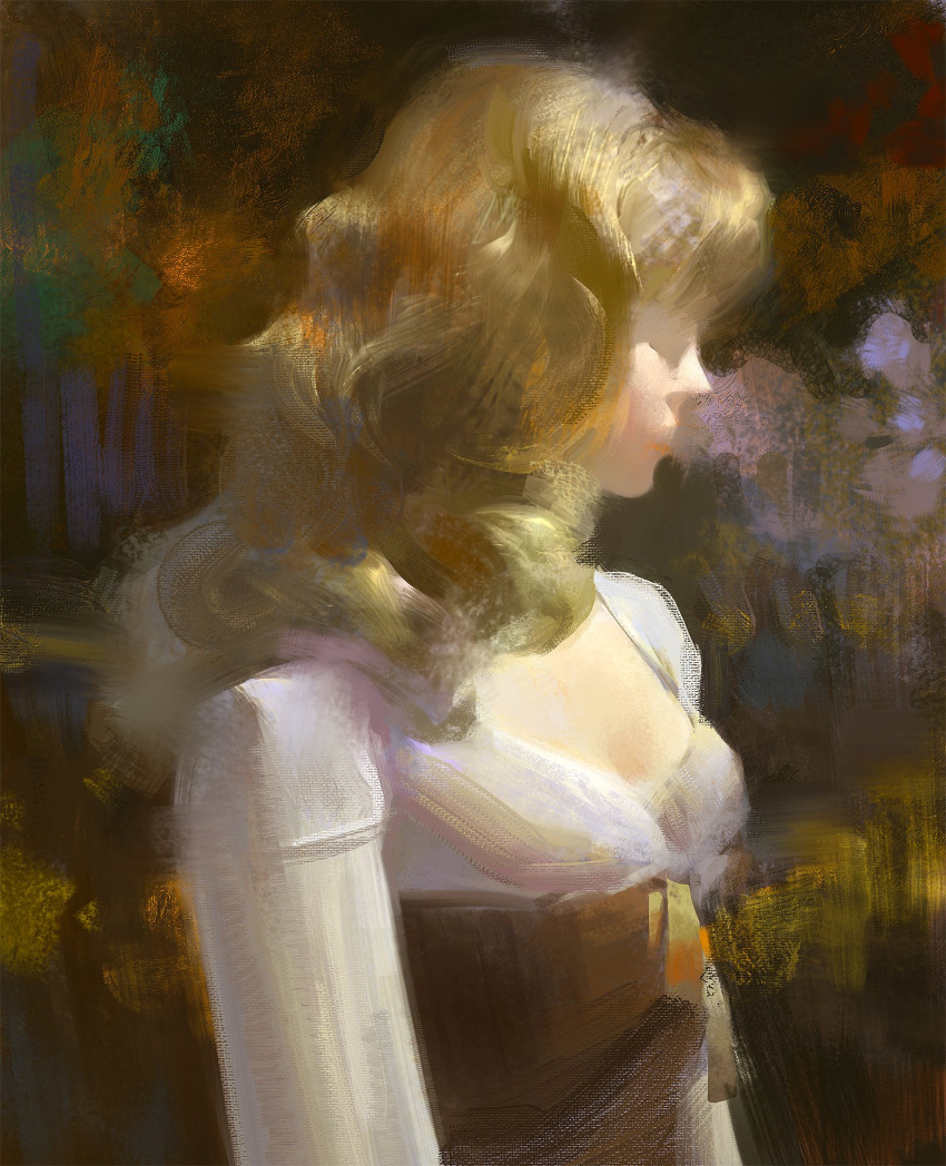 1girl abstract_background art_study blonde_hair breasts chiaroscuro cleavage commentary corset curly_hair english_commentary faceless faceless_female faux_traditional_media highres long_hair no_headwear original profile realistic shirt short_hair small_breasts solo sunlight tight_clothes tight_shirt upper_body yuming_li