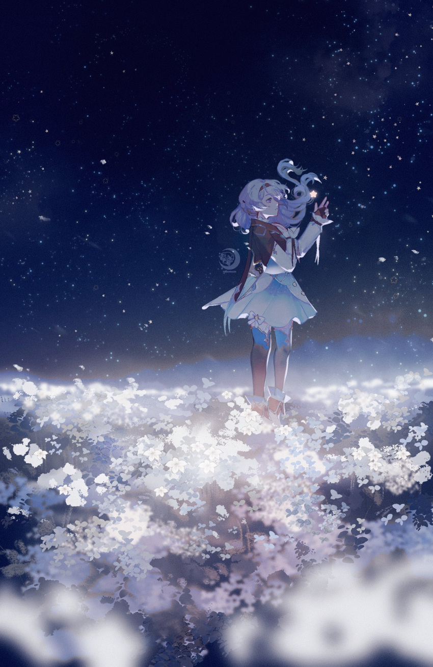 1girl black_hairband dress field fingerless_gloves firefly_(honkai:_star_rail) floating_hair flower flower_field gloves grey_hair hair_between_eyes hair_ornament hairband highres honkai:_star_rail honkai_(series) jacket long_hair long_sleeves night night_sky sky solo star_(sky) thighhighs tran_(traannahh)