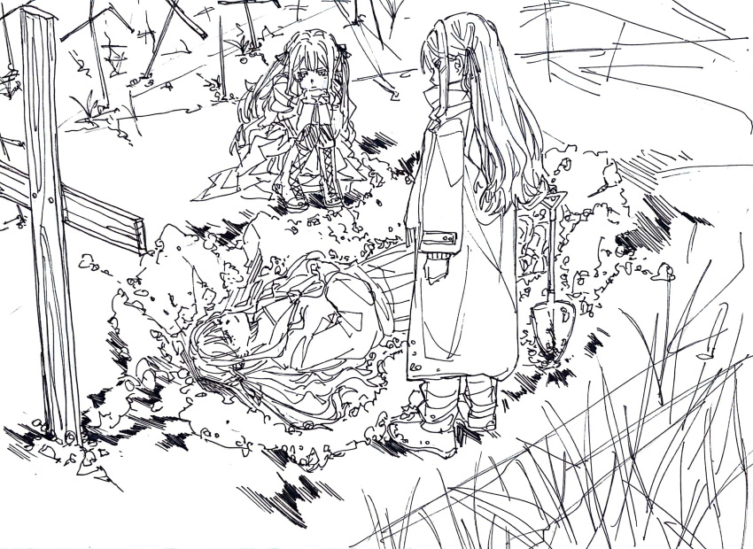 3girls bang_dream! bang_dream!_it's_mygo!!!!! boots clone closed_eyes closed_mouth coat commentary corpse cross grass grave greyscale highres holding holding_shovel kita_no_shinya long_hair long_sleeves lying monochrome multiple_girls on_back outdoors pleated_skirt school_uniform serafuku shovel sidelocks skirt squatting standing togawa_sakiko tsukinomori_school_uniform two_side_up