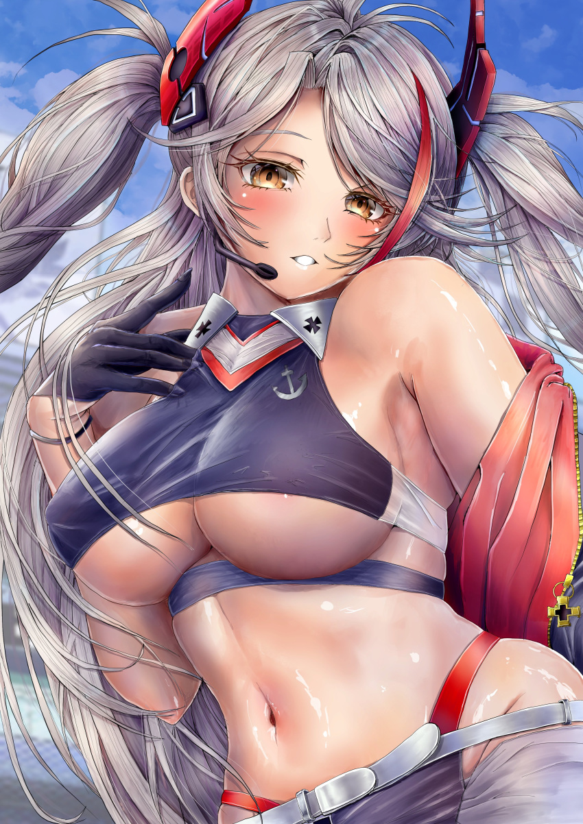 1girl absurdres azur_lane bare_shoulders belt black_gloves blue_sky breasts clothing_cutout commander_kei covered_nipples cropped_shirt earpiece finger_under_clothes fingernails gloves grey_hair half_gloves headgear highres jacket large_breasts long_hair looking_at_viewer microphone midriff multicolored_hair navel official_alternate_costume outdoors panties panty_straps prinz_eugen_(azur_lane) prinz_eugen_(final_lap)_(azur_lane) purple_jacket race_queen red_hair red_panties sharp_fingernails shiny_skin sideboob sky solo stomach streaked_hair two-tone_hair two-tone_skirt underboob underboob_cutout underwear upper_body white_belt yellow_eyes zipper