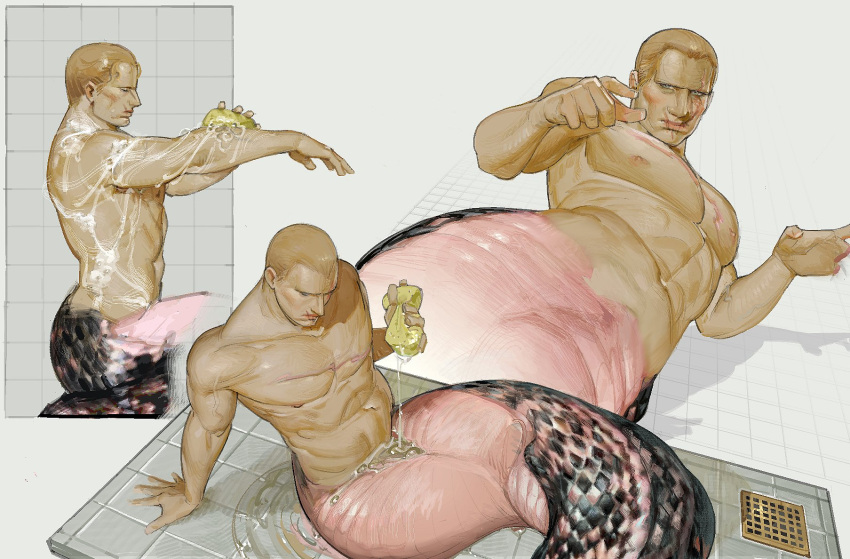 1boy abs bara bathing blonde_hair bouseded buzz_cut foreshortening highres holding holding_sponge jack_krauser large_pectorals lying male_focus mature_male merman monster_boy monsterification multiple_views muscular muscular_male navel nipples nude on_back pectorals pink_scales profile resident_evil scar scar_on_face scar_on_mouth short_hair shower_(place) sitting sponge stomach thick_eyebrows very_short_hair wet