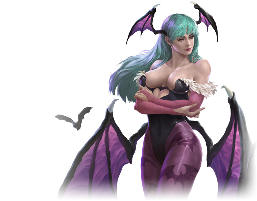 1girl animal_print arms_under_breasts bare_shoulders bat_(animal) bat_print black_leotard breasts bridal_gauntlets clothing_cutout collarbone cowboy_shot cutout_above_navel demon_girl demon_wings green_eyes grey_hair head_wings heart_cutout highleg highleg_leotard highres leotard lius_lasahido long_hair looking_to_the_side medium_breasts morrigan_aensland off_shoulder official_art pantyhose pink_bridal_gauntlets print_pantyhose purple_pantyhose purple_wings solo teppen transparent_background vampire_(game) wings