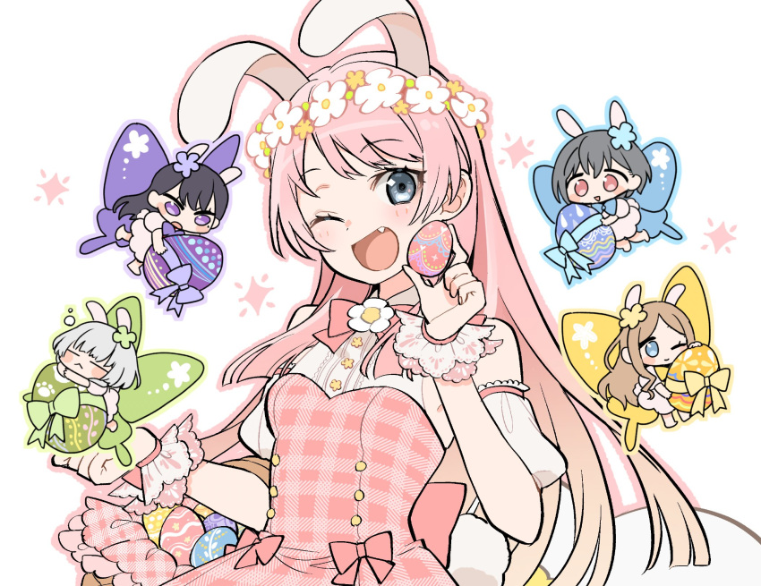 5girls :&lt; animal_ears bang_dream! bang_dream!_it's_mygo!!!!! black_hair blue_eyes blush bow bowtie breasts brown_eyes brown_hair chibi chihaya_anon closed_eyes commentary detached_sleeves dress easter easter_egg egg fake_animal_ears fang flower_brooch grey_eyes grey_hair highres kaname_raana kashi-k long_hair looking_at_viewer medium_breasts mole mole_under_eye multiple_girls mygo!!!!!_(bang_dream!) nagasaki_soyo one_eye_closed open_mouth pink_bow pink_bowtie pink_hair puffy_detached_sleeves puffy_sleeves purple_eyes rabbit_ears shiina_taki short_hair sidelocks sleeping sleeveless sleeveless_dress takamatsu_tomori white_hair white_wrist_cuffs wrist_cuffs