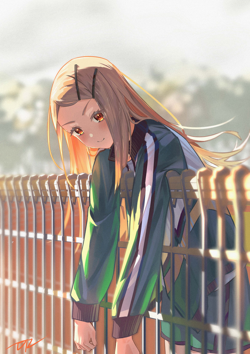 absurdres blurry blurry_background blush da_tengzi fence gakuen_idolmaster highres idolmaster jacket leaning_on_object long_hair long_sleeves looking_down outdoors shinosawa_hiro signature smile sweat track_jacket very_long_hair