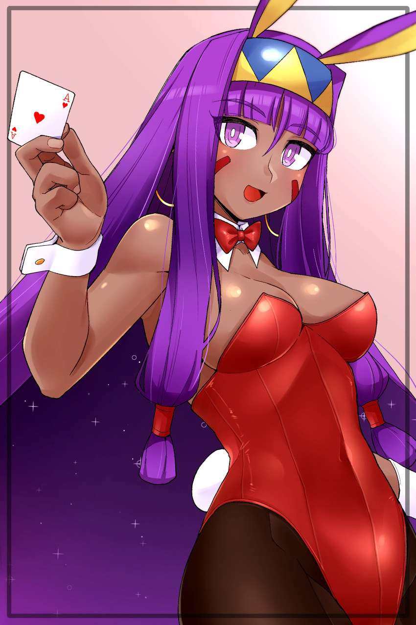 1girl absurdres blush breasts card dark-skinned_female dark_skin fate/grand_order fate_(series) highres kurozu_(crozu) leotard long_hair looking_at_viewer medium_breasts nitocris_(fate) open_mouth playboy_bunny playing_card purple_eyes purple_hair red_leotard smile solo very_long_hair